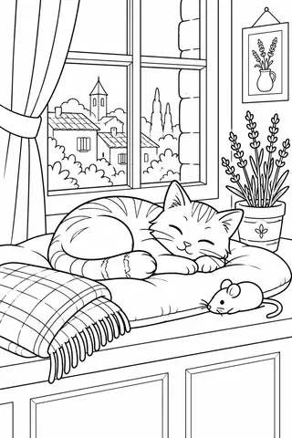 Chat endormi sur un coussin près d’un pot de lavande