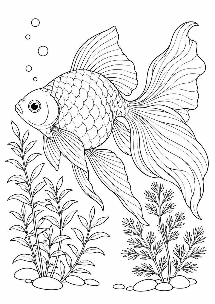 金魚と水草 線画