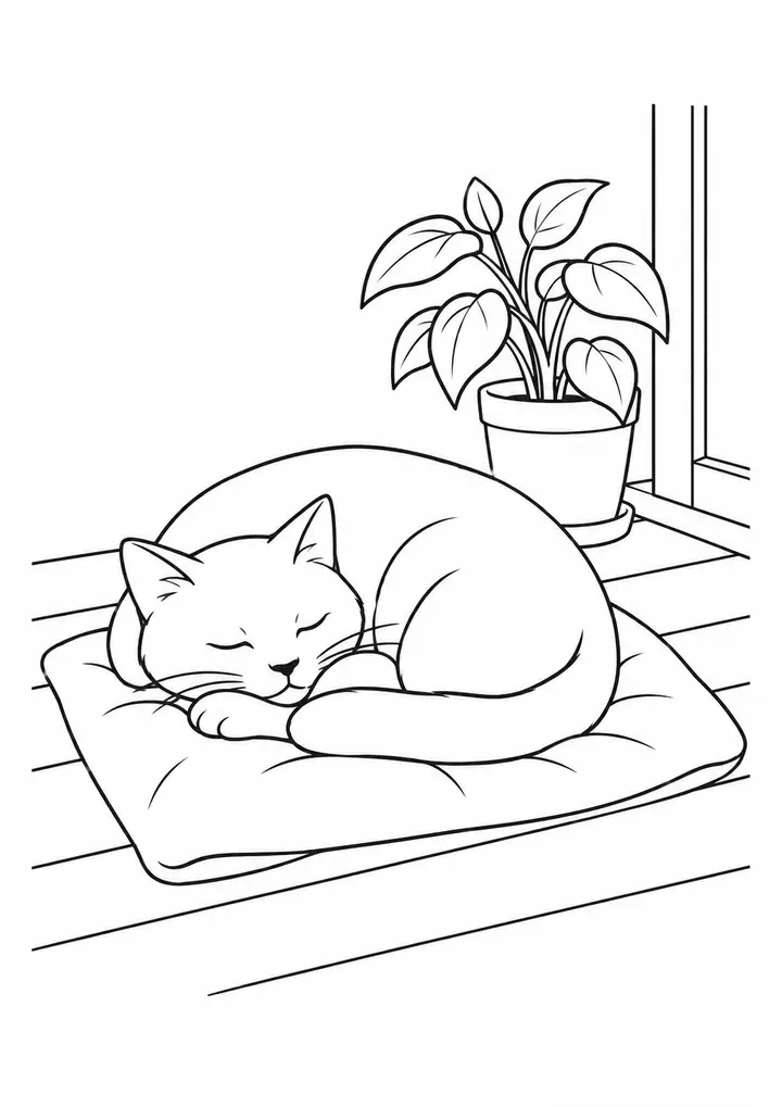 縁側で眠る猫 線画