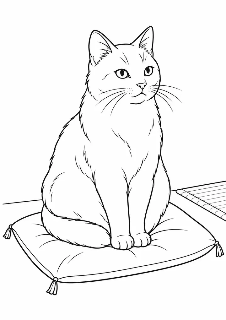 座布団に座る猫 線画