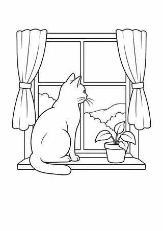 窓辺の猫とカーテン