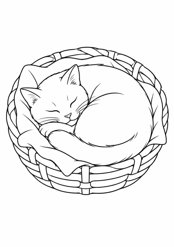 かごで丸まる猫 線画