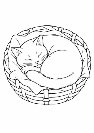 かごで丸まる猫