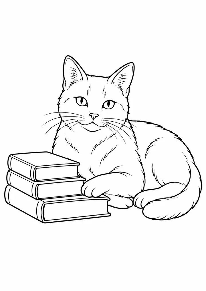 本の横の猫 線画
