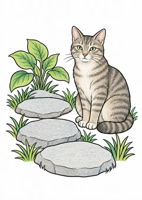 庭の飛び石と猫 色見本