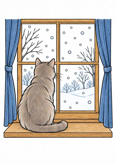 雪を窓から見る猫 色見本