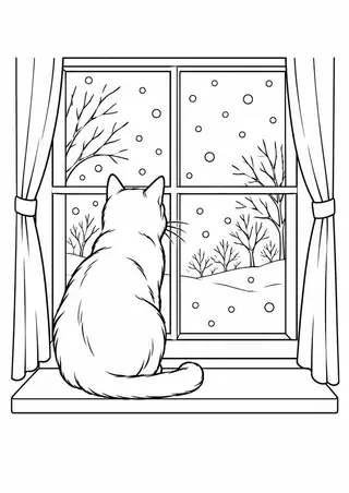 雪を窓から見る猫