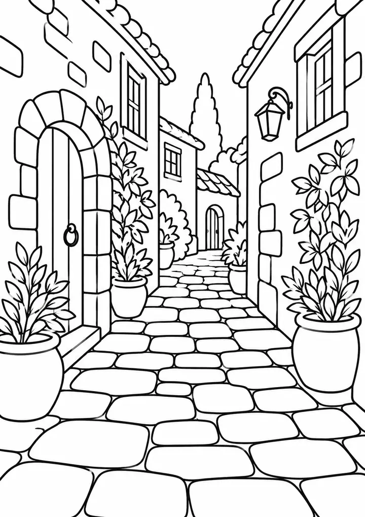 石畳の路地 線画