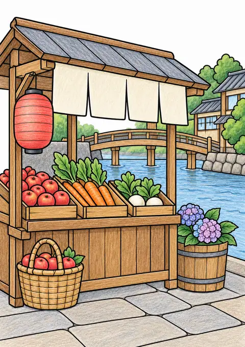 川沿いの市場の屋台 色見本
