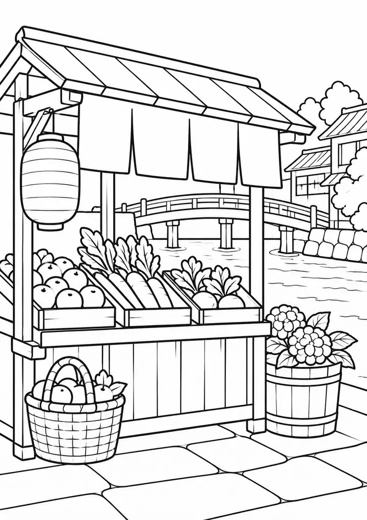 川沿いの市場の屋台 線画