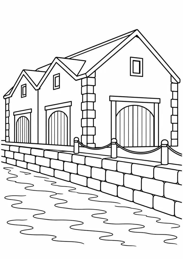 運河沿いの倉庫 線画