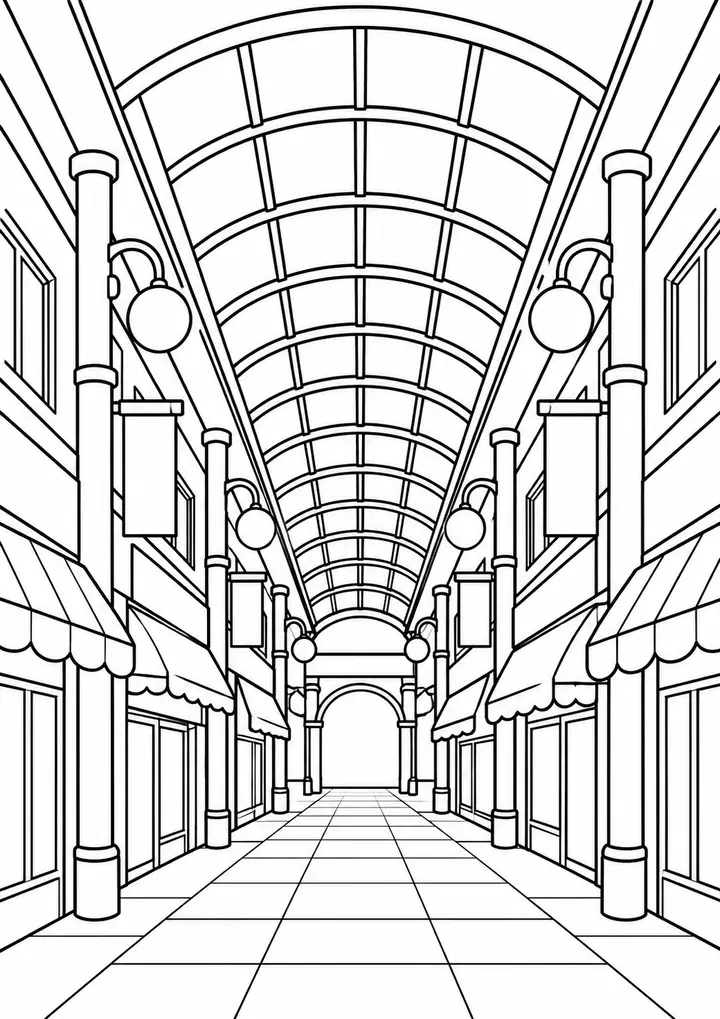 商店街のアーケード 線画