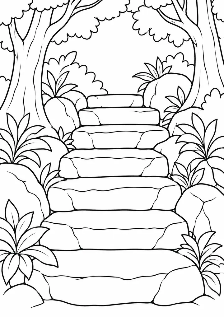 森の中の石の階段 線画