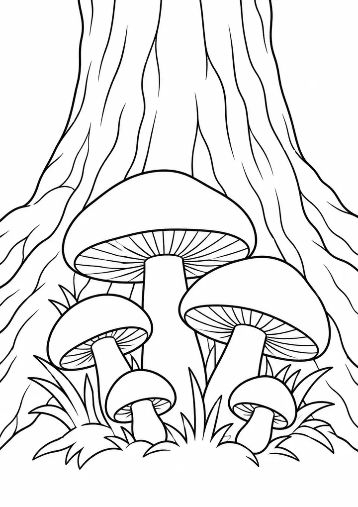 大木の根元のきのこ 線画