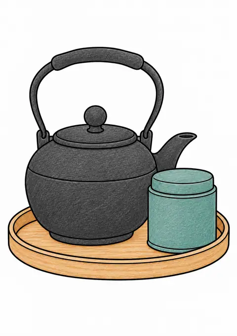 盆に置いた鉄瓶と茶筒 色見本