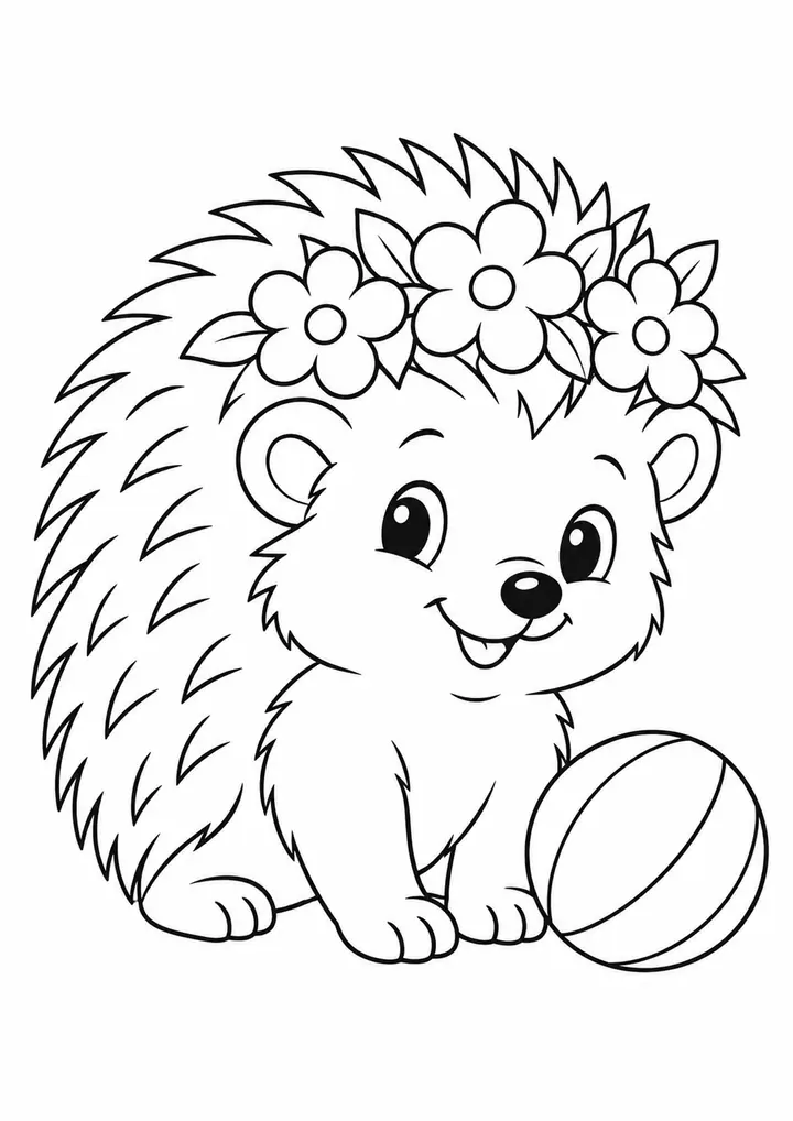 ハリネズミと大きな花の冠 線画