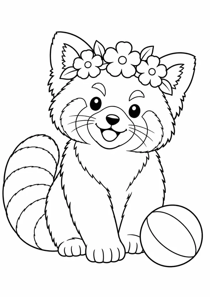 レッサーパンダと大きな花の冠 線画