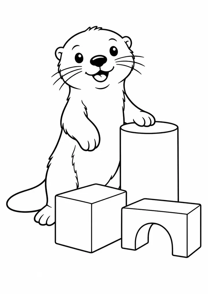 ラッコと木の積み木 線画