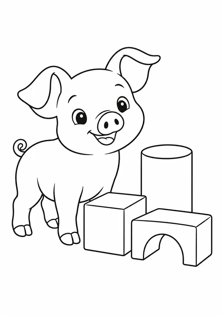 子ぶたと木の積み木 線画