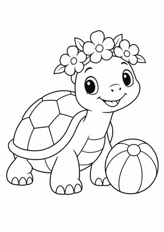 カメと大きな花の冠