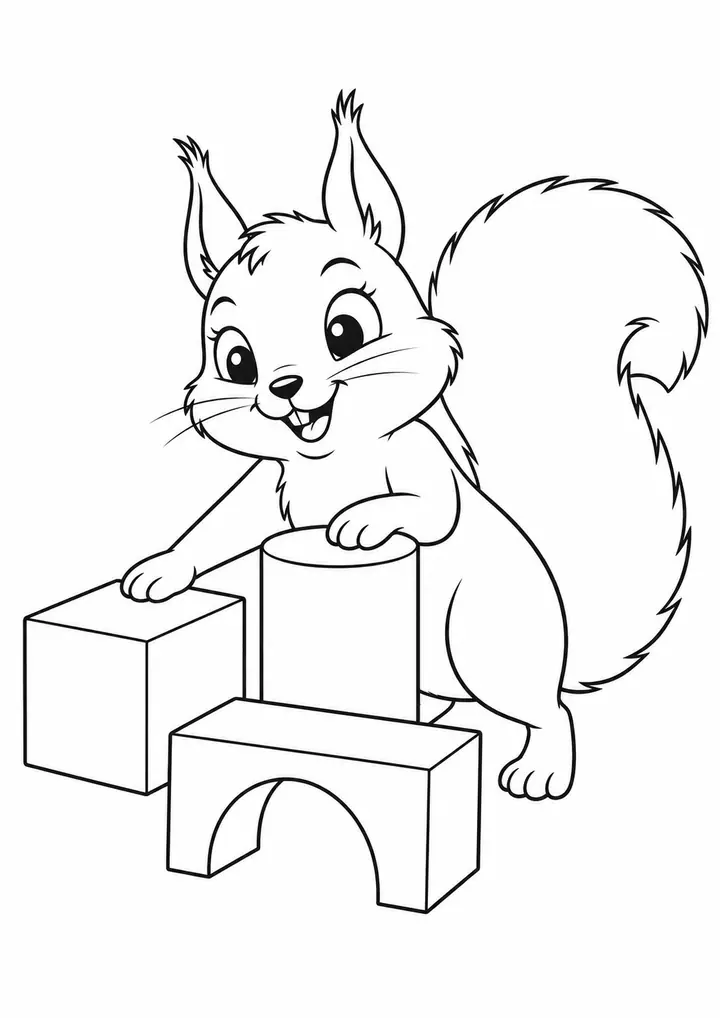 リスと木の積み木 線画