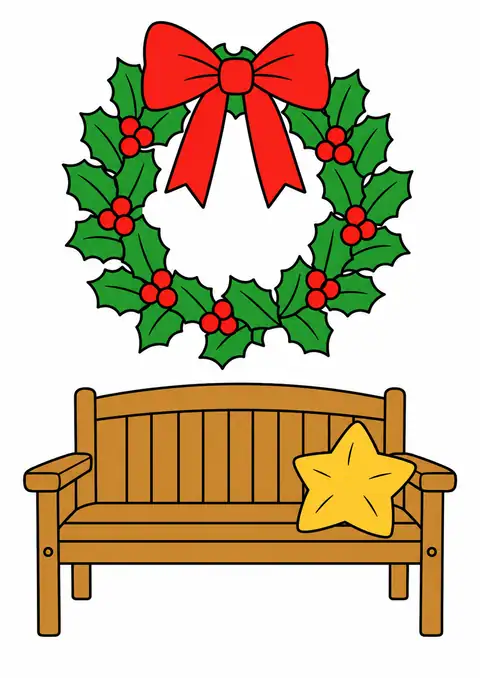 リボンのクリスマスリースと小さな木のベンチ 色見本