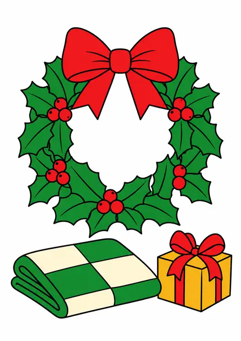 リボンのクリスマスリースと大きなチェックの布 色見本