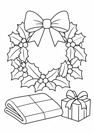 リボンのクリスマスリースと大きなチェックの布