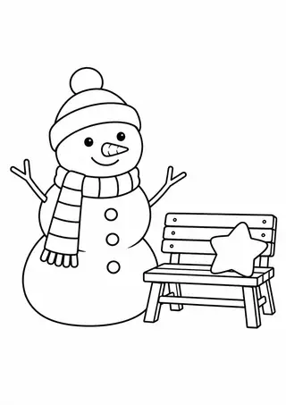 雪だるまのマフラーと小さな木のベンチ