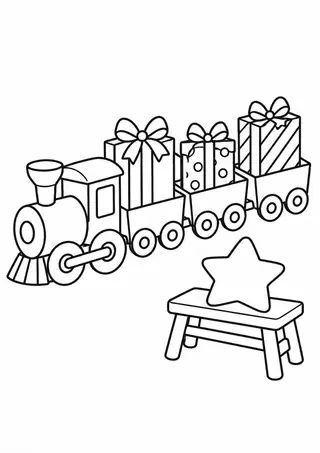 クリスマスの汽車と小さな木のベンチ