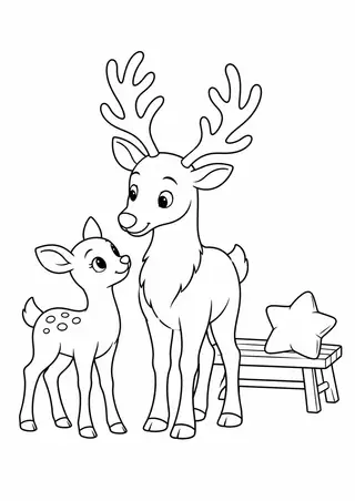 トナカイの親子と小さな木のベンチ