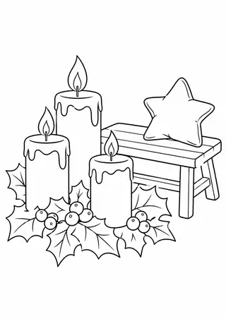 キャンドルのクリスマス飾りと小さな木のベンチ