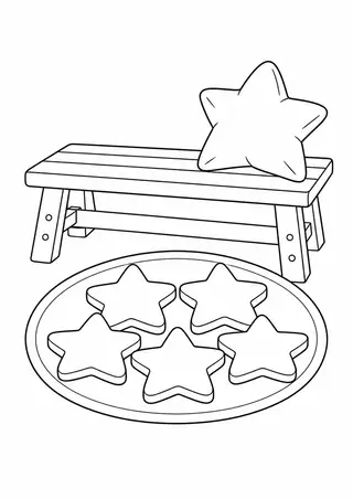 星のクッキーの皿と小さな木のベンチ