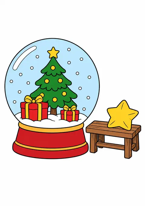 クリスマスのスノードームと小さな木のベンチ 色見本