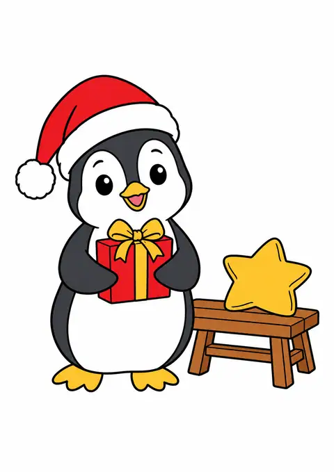 ペンギンのクリスマス帽子と小さな木のベンチ 色見本