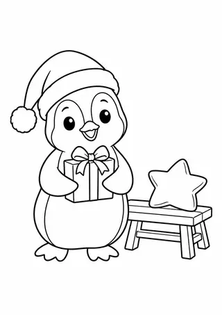 ペンギンのクリスマス帽子と小さな木のベンチ