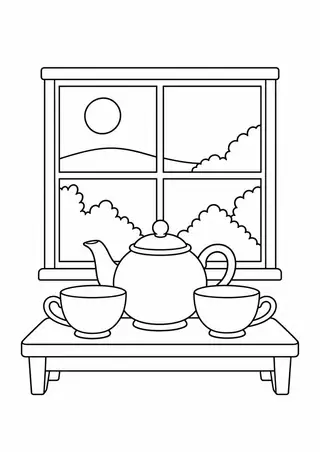 紅茶のポットと木の窓辺