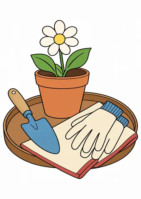 園芸の道具と小さな丸いトレー 色見本