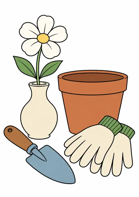 園芸の道具と野の花一輪 色見本