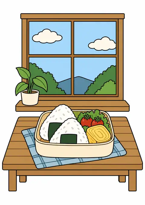 おにぎりの弁当と木の窓辺 色見本
