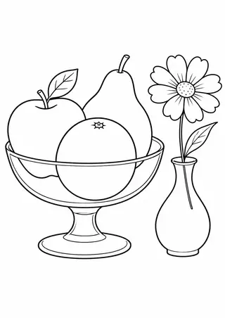 果物のガラス鉢と野の花一輪