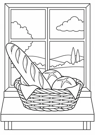 パンのかごと木の窓辺