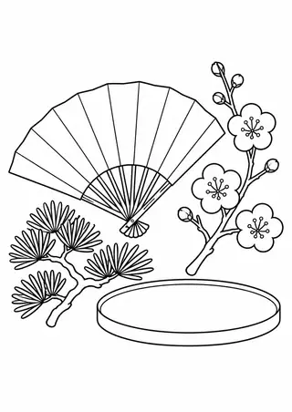 扇と梅の枝と松の小枝