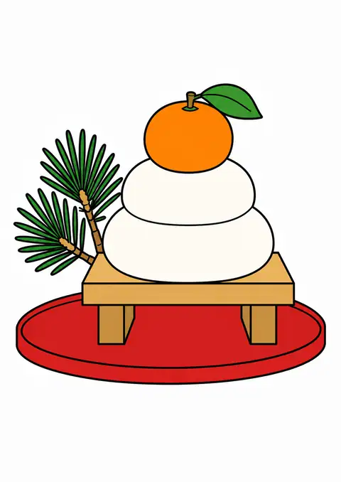 鏡餅と大きなみかんと松の小枝 色見本