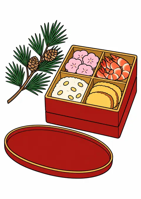おせちの小さな重箱と松の小枝 色見本