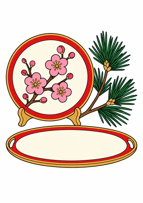 梅の花の小皿と松の小枝 色見本