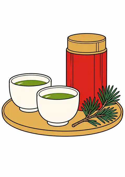竹の茶筒と湯のみと松の小枝 色見本