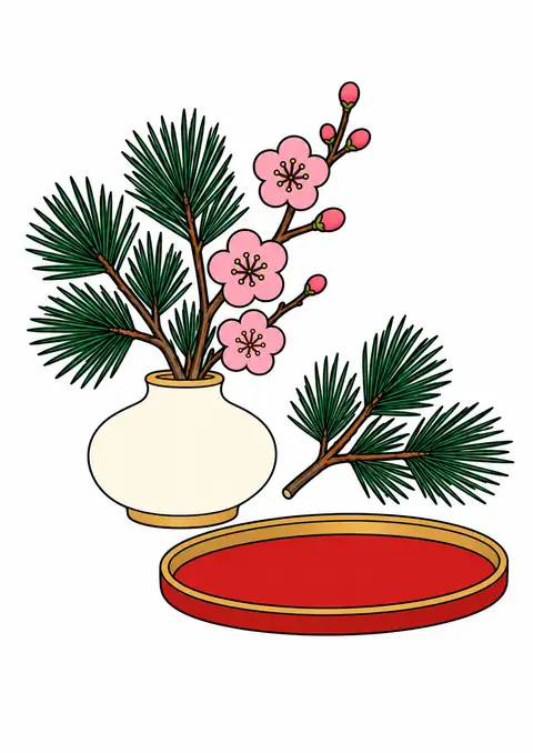 松と梅の花瓶と松の小枝 色見本