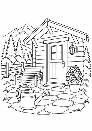 山小屋の入口と大きなじょうろ