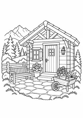 山小屋の入口と木の手押し車